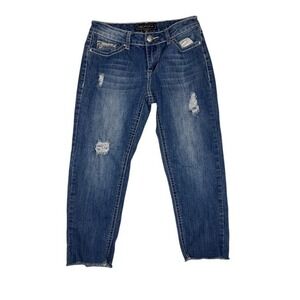 Cato Premium Contemporary Womens 4 Distressed Embroidered Skinny Crop Jeans Blue